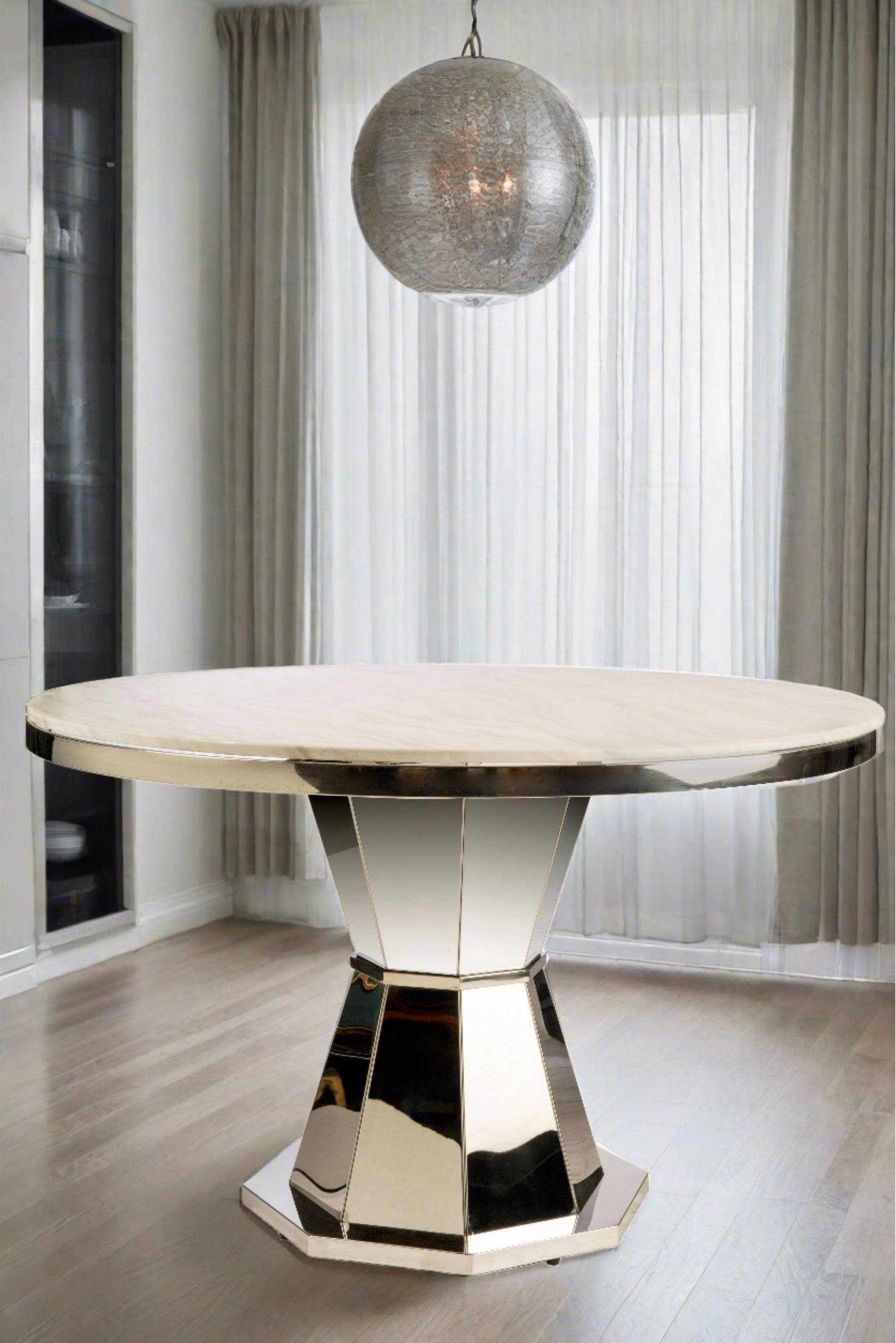 round silver dining table with white top
