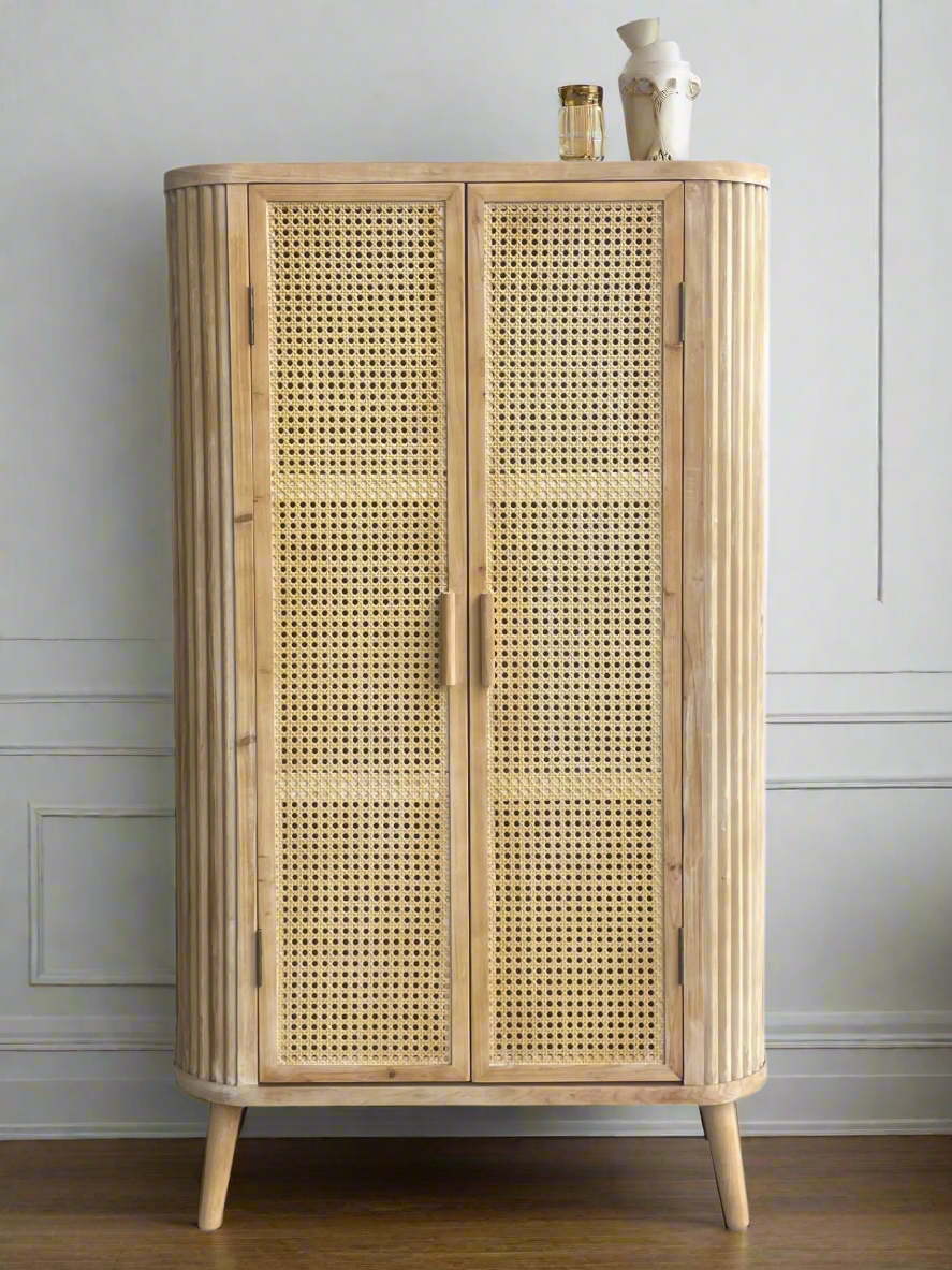 Shia Cane Fluted Tall Accent Cabinet