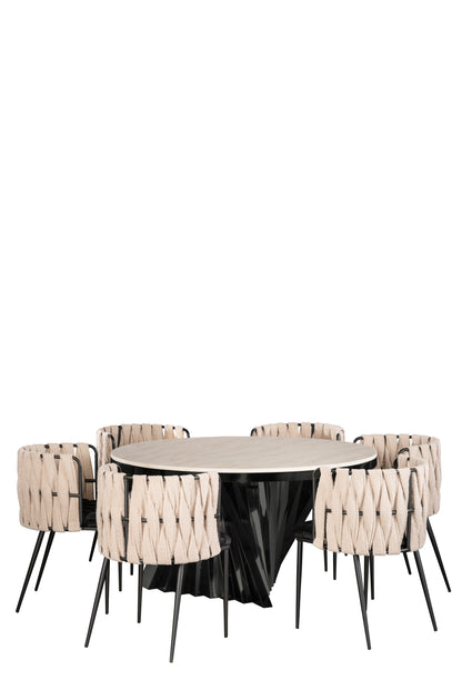 Waterfall Round Black Dining Set for 6 with Black and White Chairs