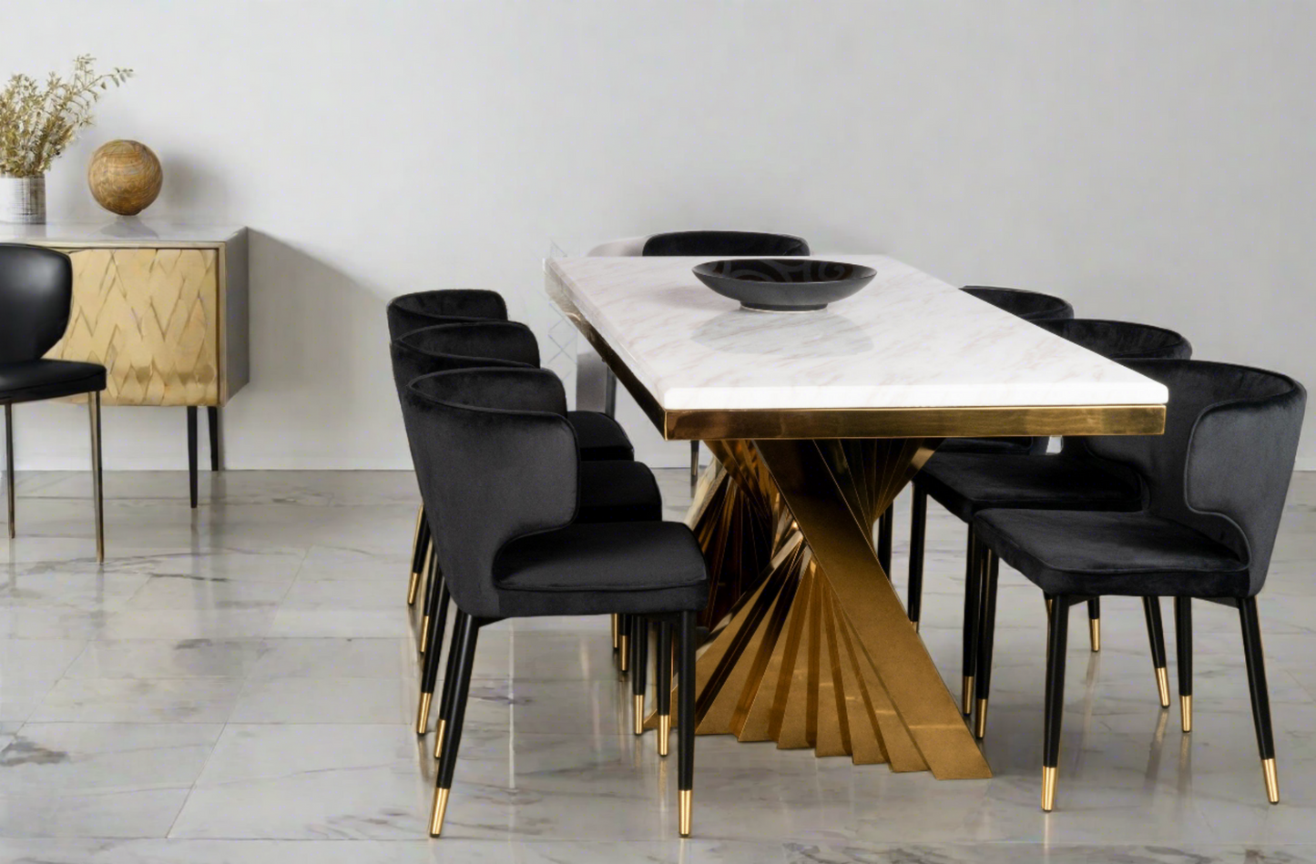 black and gold rectangular dining room set for 8