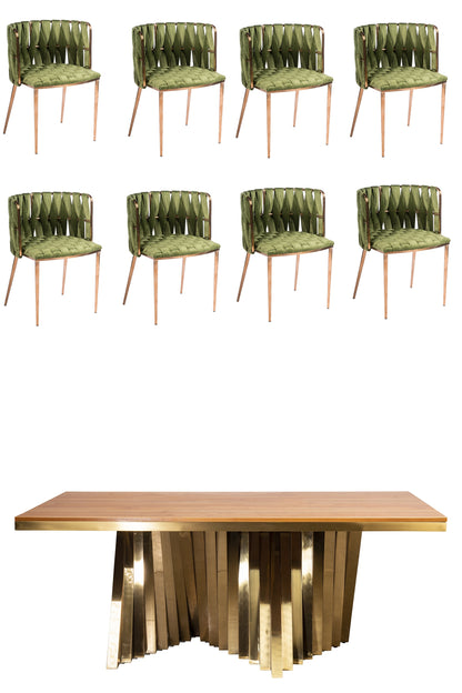 Waterfall Dining Set for 8 in Green with Wood Top Table