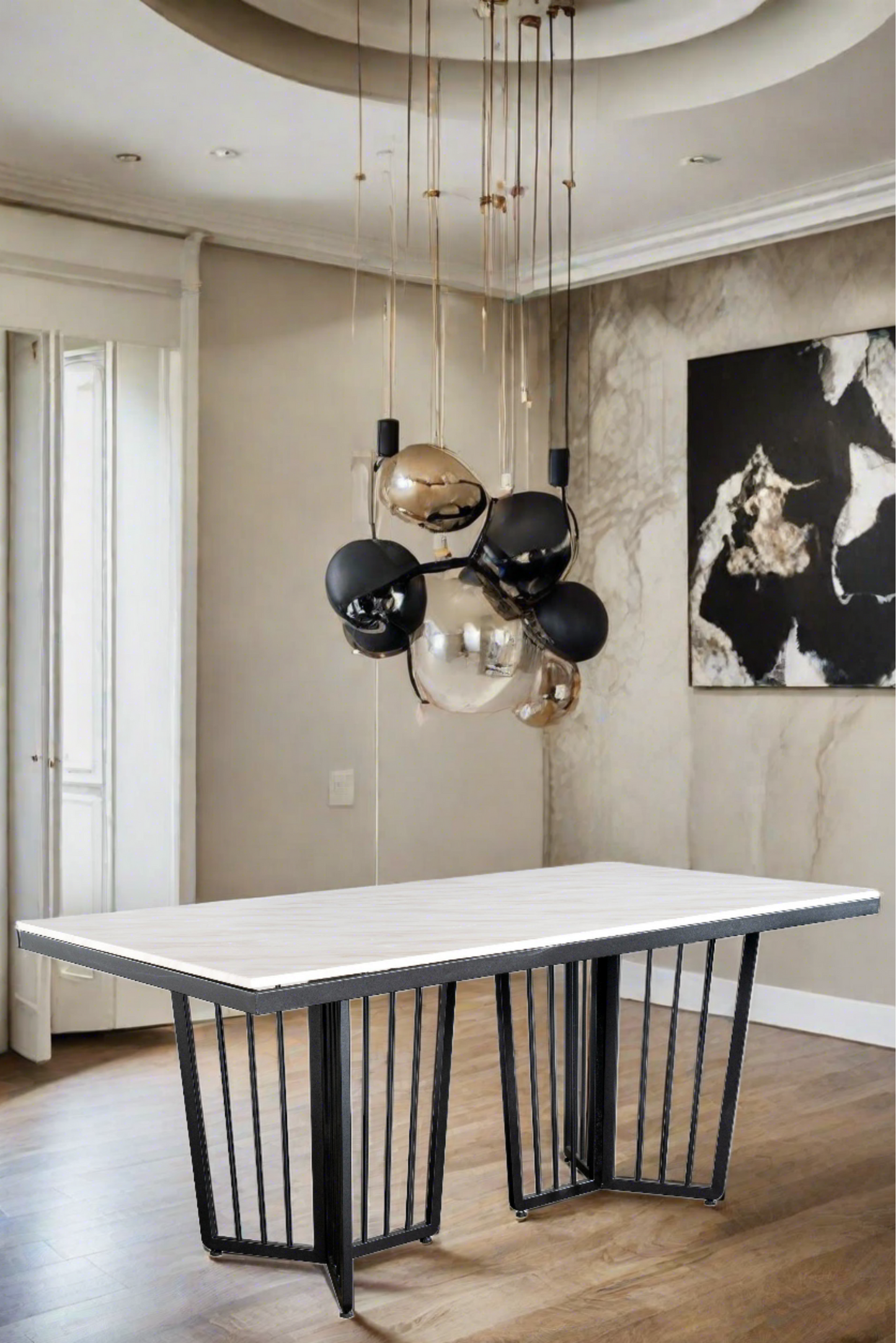 white marble top black modern dining table for 6