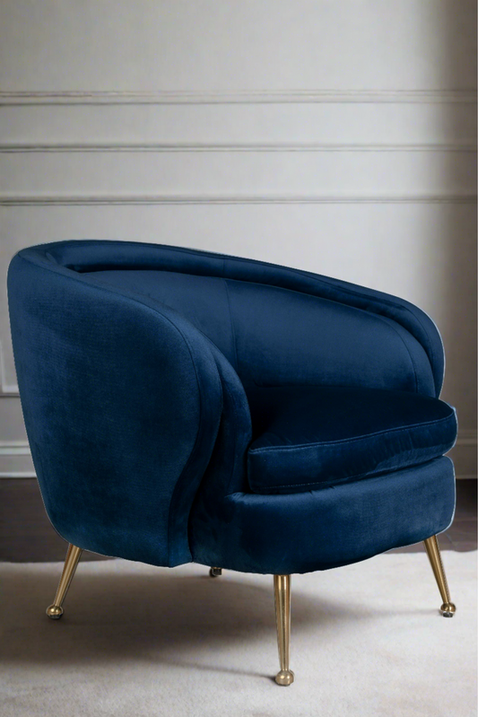 blue velvet modern armchair with ball feet