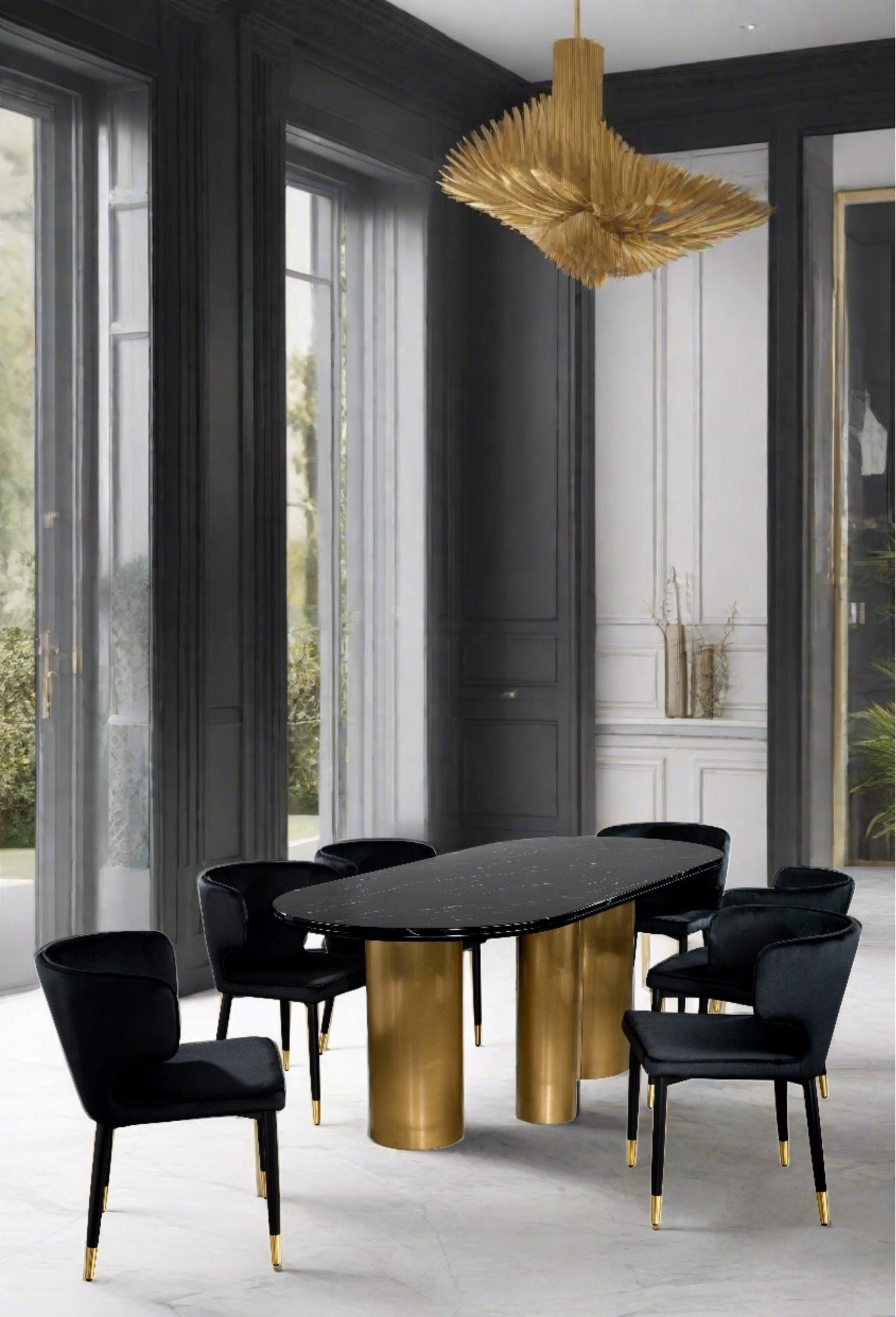 Balmain Marble Top Oval Dining Table for 6 with Black Chairs