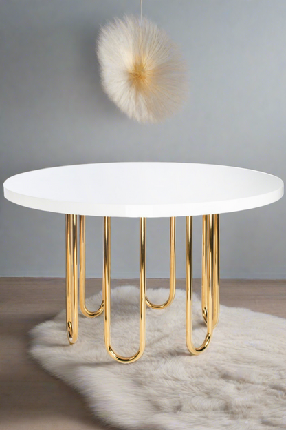 white and gold round modern dinng table for 6