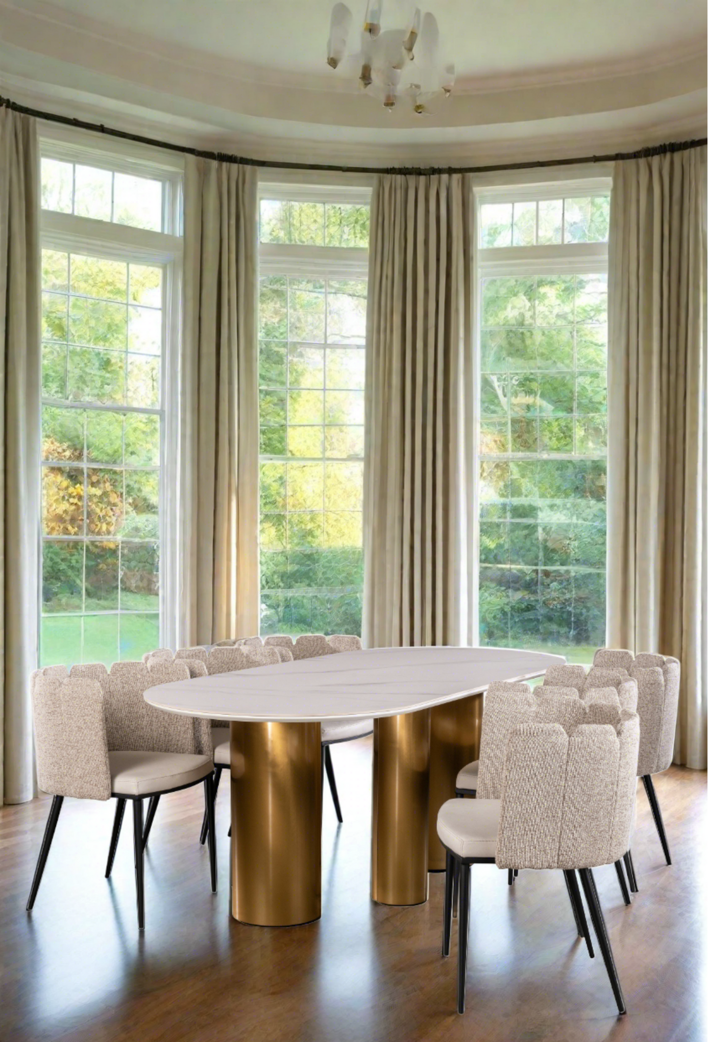 modern glam dining room set with faux leather chairs