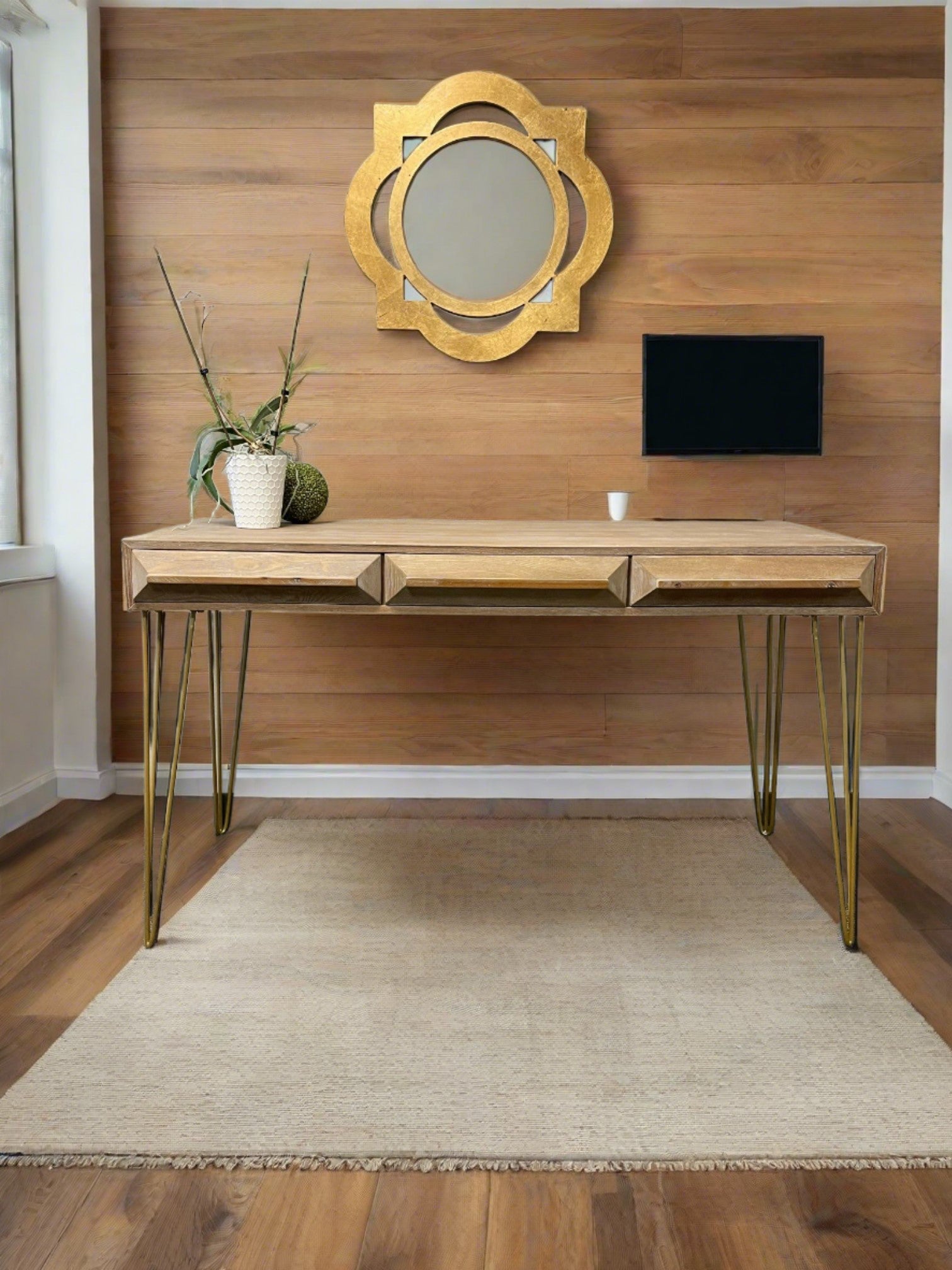 wood desk with drawers and gold legs