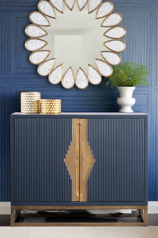 blue fluted accent cabinet