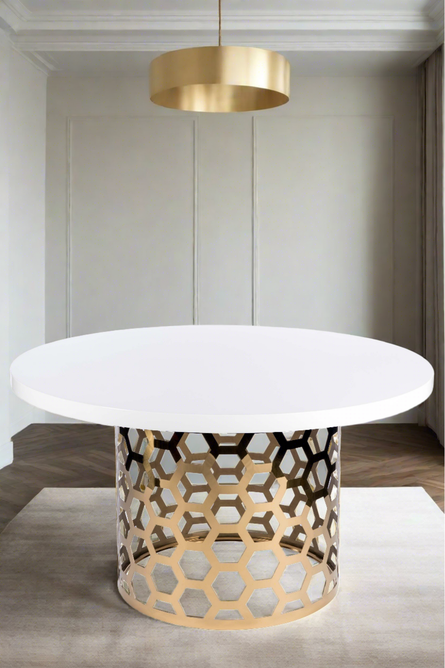 white and gold round dining table