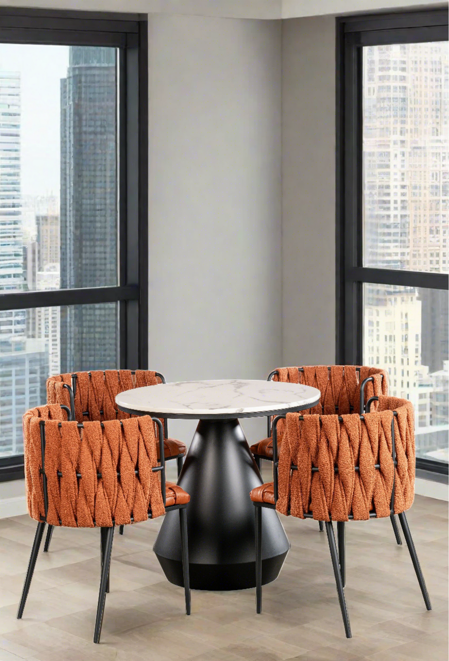 round dining set for 4 with orange dining chairs