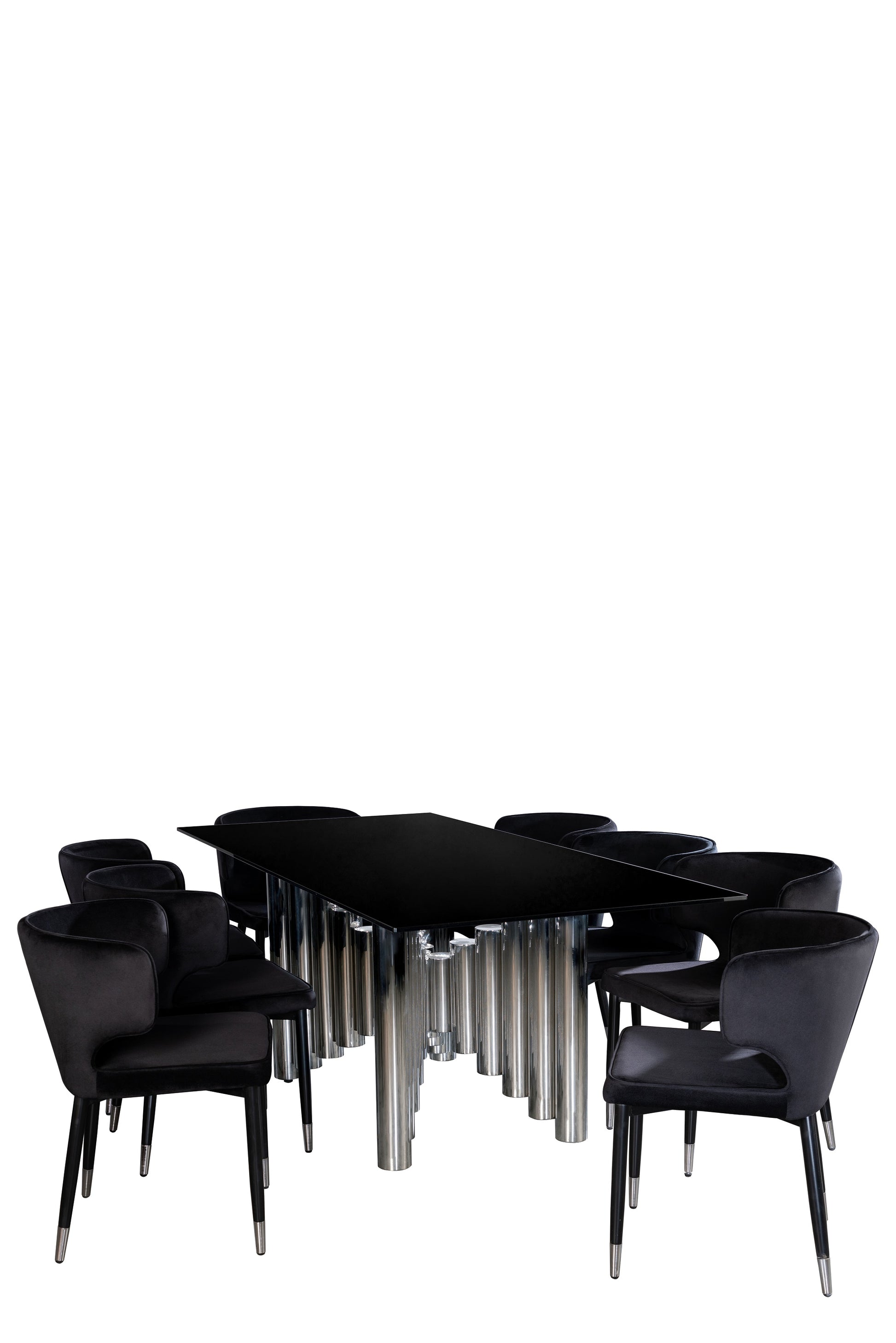 glass top modern black and silver dining table set 