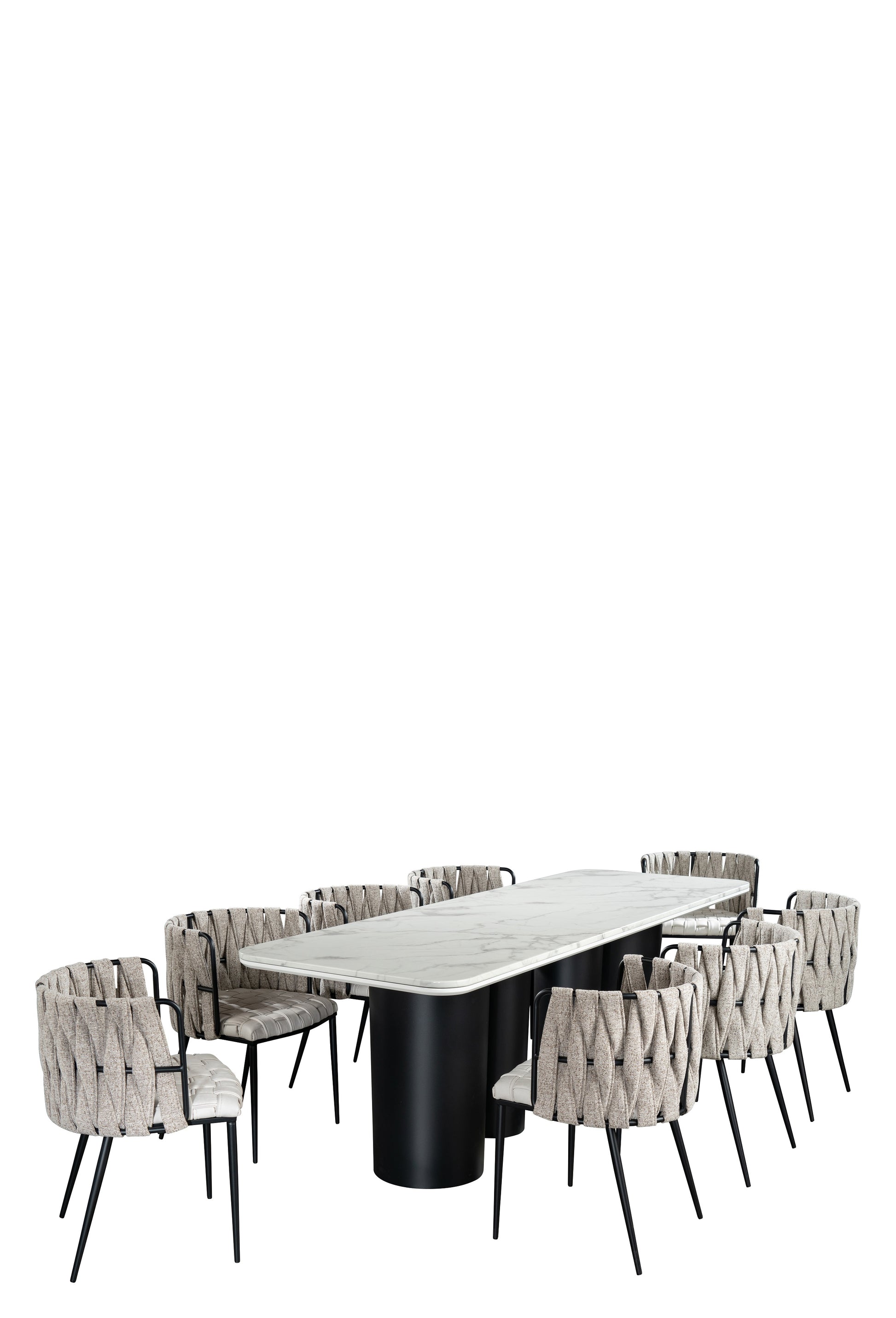 white chairs with black and white marble top dining table set